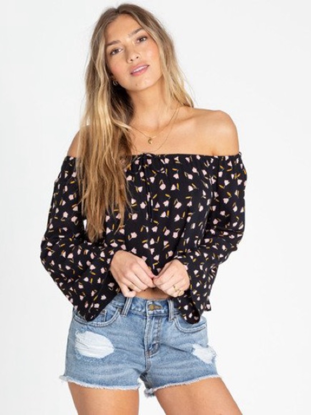 BILLABONG Light It Up - Off-Shoulder Black Floral Printed Women's Top